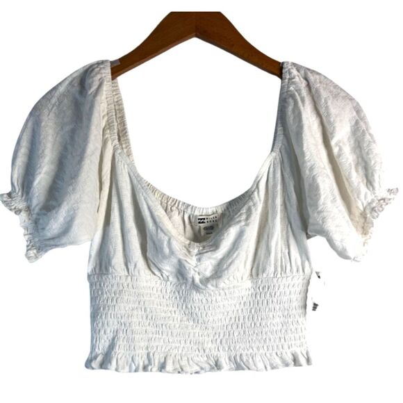 Billabong NWT White Smocked Waist Short Sleeve Vneck Crop Top Size Medium - Picture 1 of 10